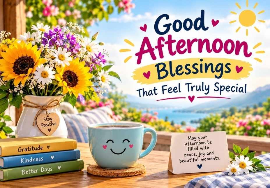 Good Afternoon Blessings That Feel Truly Special featuring bright sunflowers, colorful flowers, a cute smiling mug, inspirational books, and a sunny garden view.