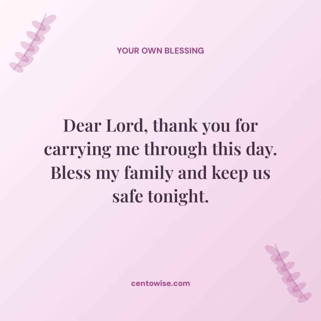 Pink good evening prayer card with lavender leaf branches, thanking God for the day and asking for family safety