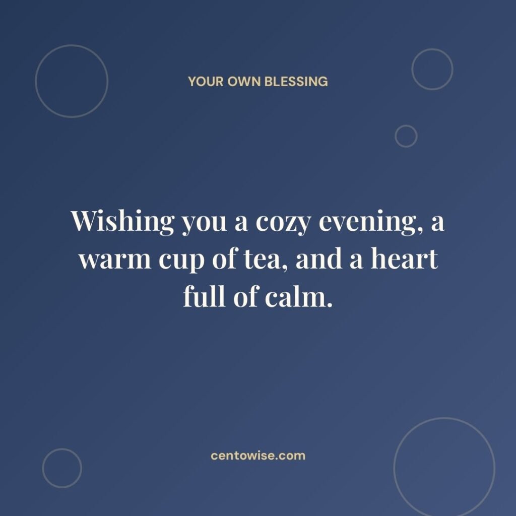 Navy blue good evening wish card for a cozy evening, a warm cup of tea, and a heart full of calm