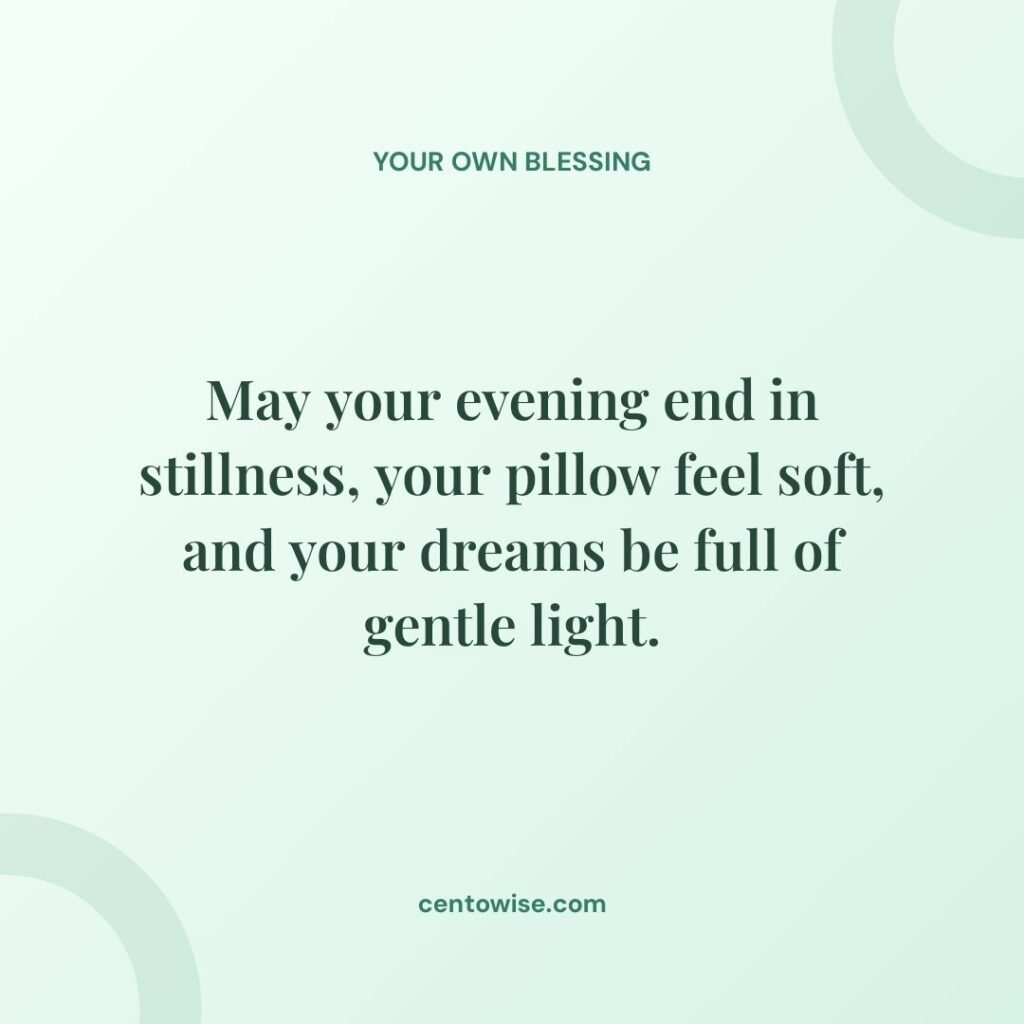 Mint green good evening blessing card with soft arcs, wishing stillness, a soft pillow, and gentle dreams