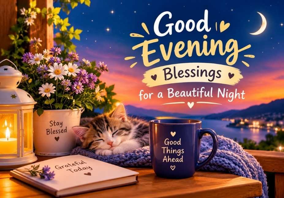 Good Evening Blessings for a Beautiful Night with a cozy sunset, glowing lantern, flowers, sleepy kitten, crescent moon, and warm evening wishes.