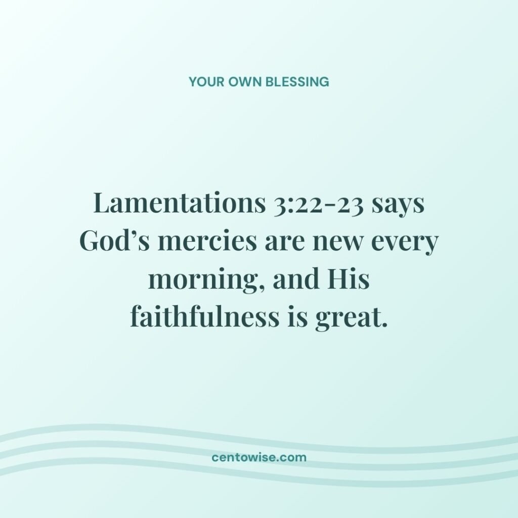 Good morning Bible verse blessing on an aqua background: Lamentations 3:22-23, God’s mercies are new every morning.