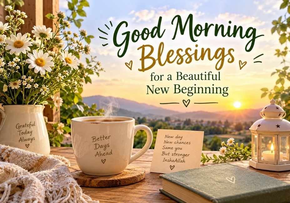 Good morning blessings for a beautiful new beginning featuring a golden sunrise, white daisies, a cozy coffee mug, warm sunlight and an inspirational morning greeting.