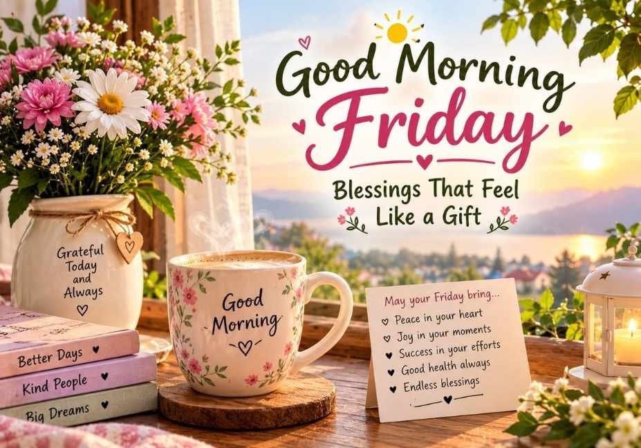 Good Morning Friday blessings that feel like a gift with pink flowers, a cozy coffee mug, warm sunrise and heartfelt weekend wishes.
