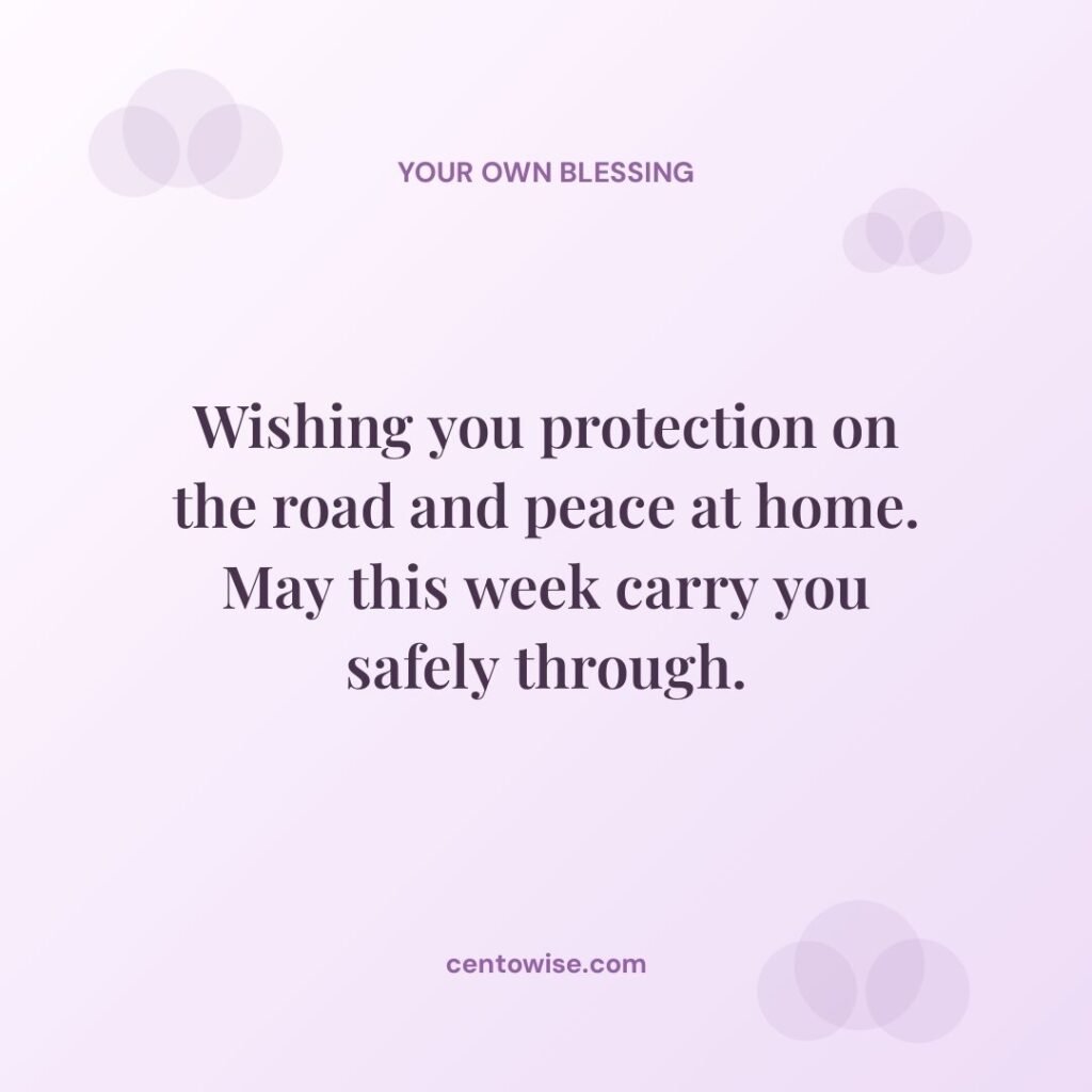 Monday wishes for the new week: protection on the road, peace at home, and a safe week, on a lavender background