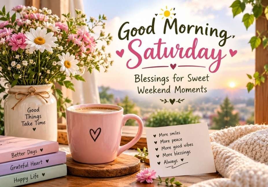 Good Morning Saturday blessings for sweet weekend moments with pink flowers, a cozy coffee mug and warm sunrise scenery