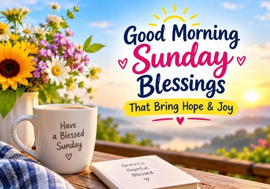 Good Morning Sunday Blessings that bring hope and joy with flowers, coffee and a beautiful sunrise