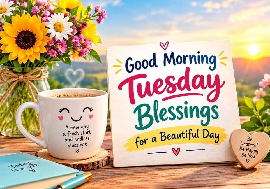 Good Morning Tuesday Blessings for a Beautiful Day featuring a cute smiling coffee mug, colorful sunflowers, a warm sunrise and an inspirational blessing card.