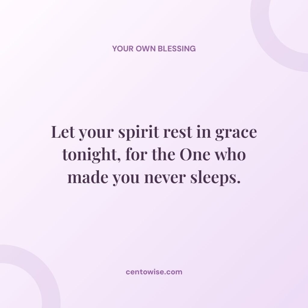 Spiritual good night blessing on a soft purple background: let your spirit rest in grace tonight, for the One who made you never sleeps
