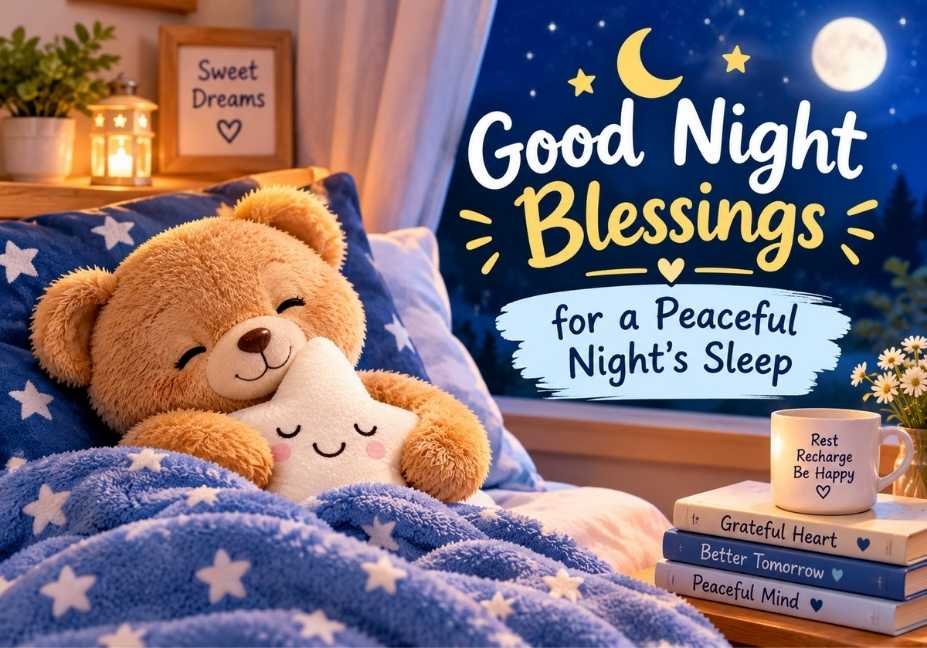 Good Night Blessings for a Peaceful Night’s Sleep featuring a cute teddy bear, crescent moon, glowing stars, and cozy bedtime decor in a dreamy blue bedroom.
