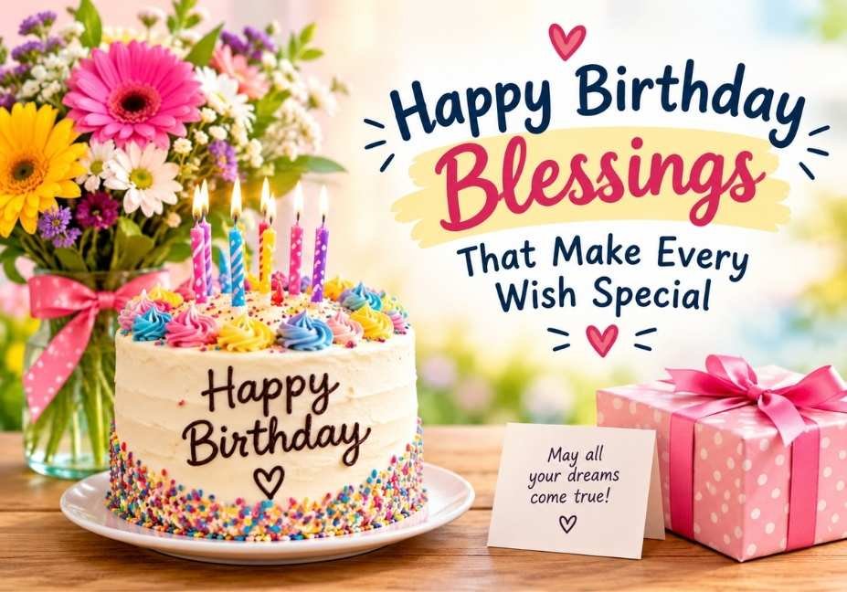 Happy Birthday Blessings That Make Every Wish Special with a colorful birthday cake, bright flowers, candles, and a pink gift box.