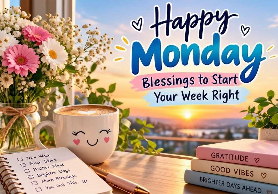 Happy Monday blessings to start your week right with flowers, coffee, sunrise, and a cheerful morning setup.