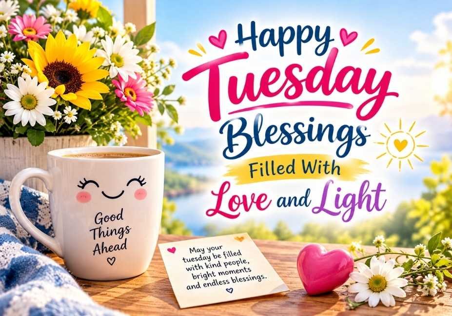Happy Tuesday Blessings Filled With Love and Light featuring colorful flowers, a cute smiling coffee mug, a pink heart and a beautiful sunny morning background.