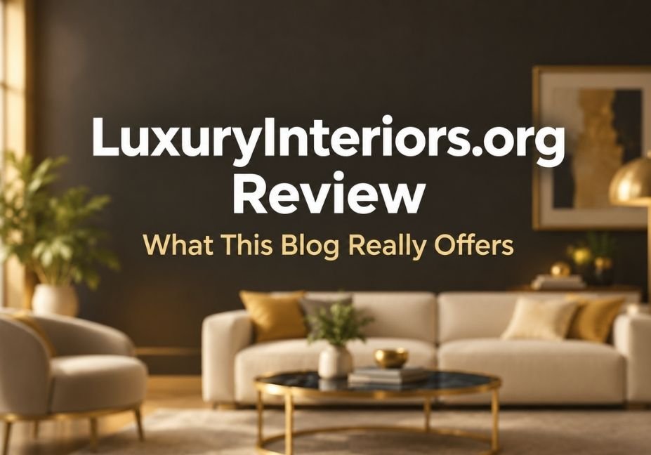 LuxuryInteriors.org review header with a gold and cream living room silhouette and the title “What This Blog Really Offers”