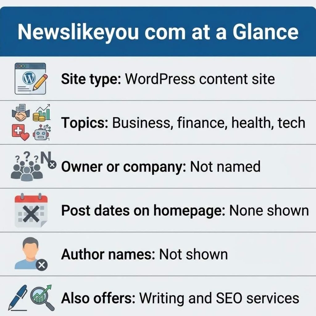Newslikeyou com at a glance infographic showing site type, topics, missing owner details and services