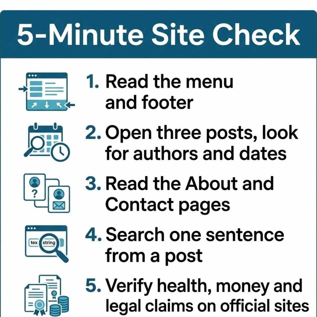 Five-minute checklist for checking a content site like newslikeyou com before trusting its articles