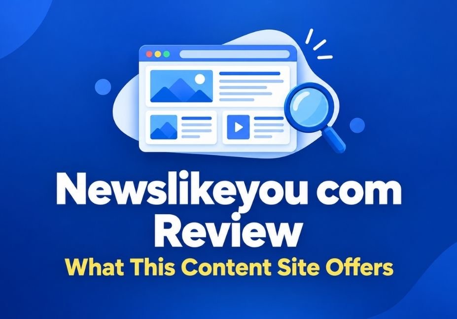 Newslikeyou com review header with a browser window of article cards and the title “What This Content Site Offers”