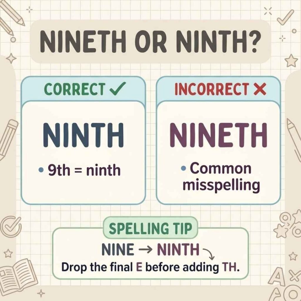Ninth vs nineth spelling infographic showing the correct spelling and spelling rule