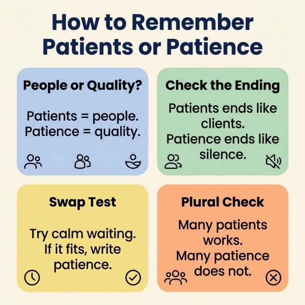 Infographic with four memory tricks to choose between patients and patience, including the swap test and plural check