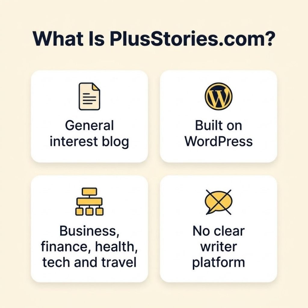 Infographic explaining what PlusStories.com is, a general interest WordPress blog with no clear writer platform.