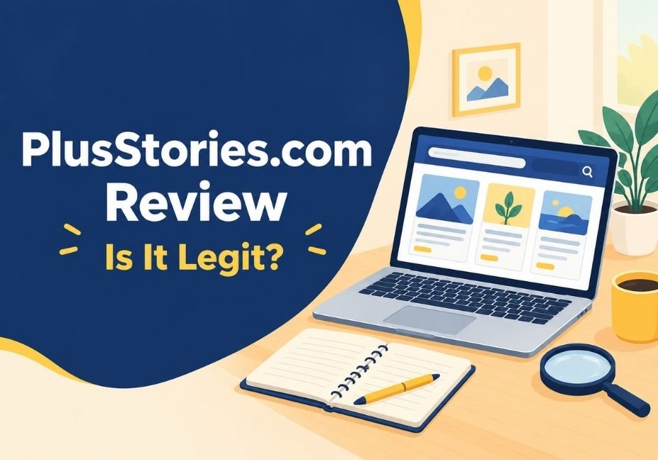 PlusStories.com review featured image showing a laptop with a blog homepage and a magnifying glass.