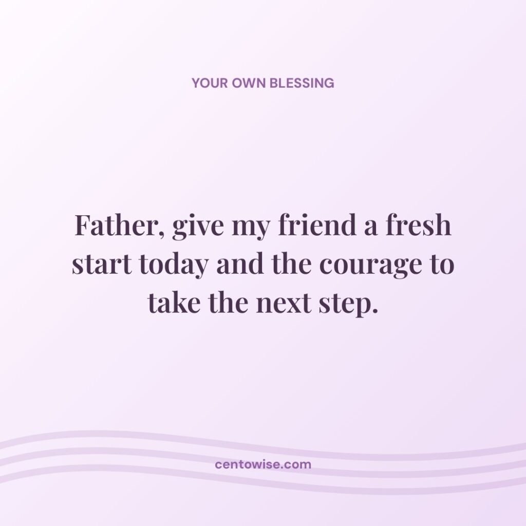 Prayer for a friend’s fresh start on a soft purple background with wave lines, asking the Father for courage to take the next step