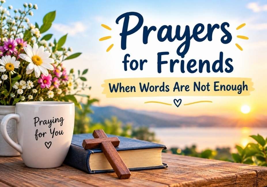 Prayers for Friends When Words Are Not Enough with a Bible, wooden cross, flowers, and a praying mug at sunrise.