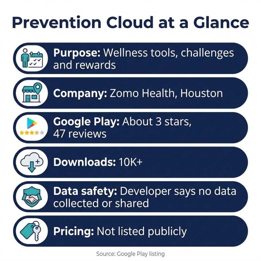 Prevention Cloud review infographic with company, Google Play rating, data safety and pricing facts