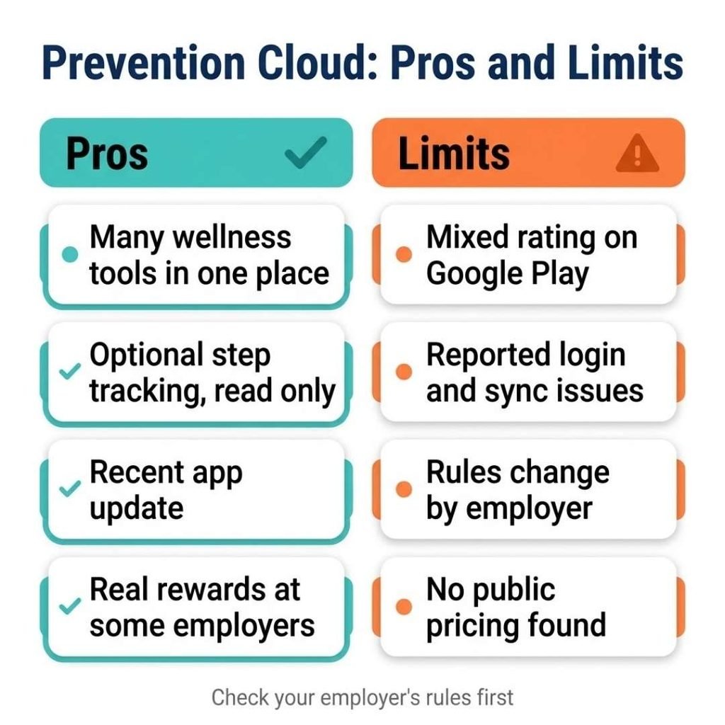 Prevention Cloud pros and limits infographic comparing app strengths and user complaints