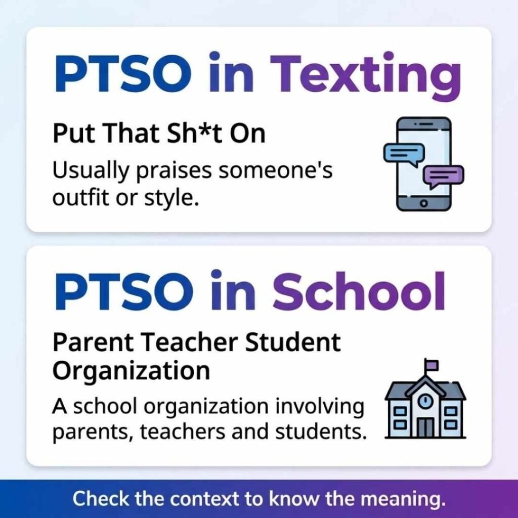 PTSO meanings infographic showing texting slang and Parent Teacher Student Organization