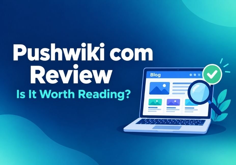 Pushwiki com review banner with a laptop showing a blog page and a checkmark