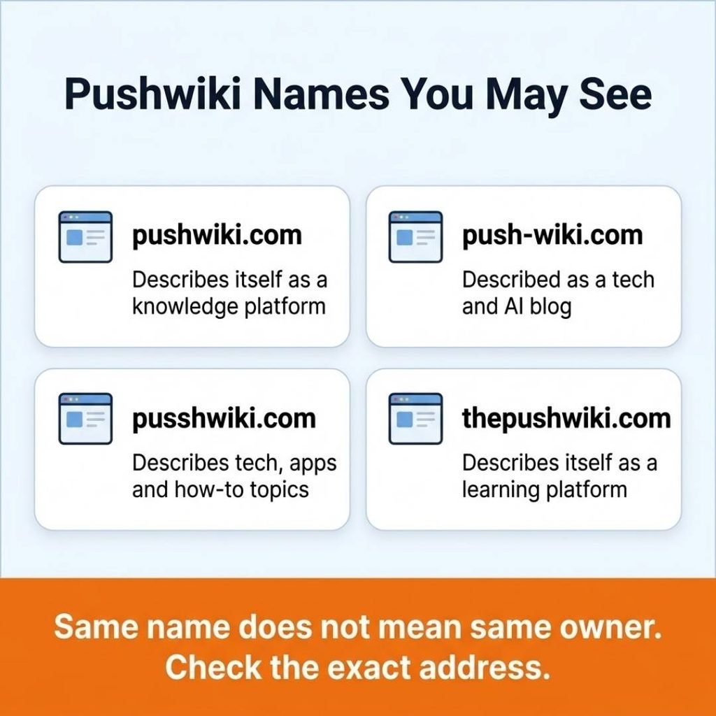 Pushwiki explained infographic showing the four similar website names and why the same name does not mean the same owner