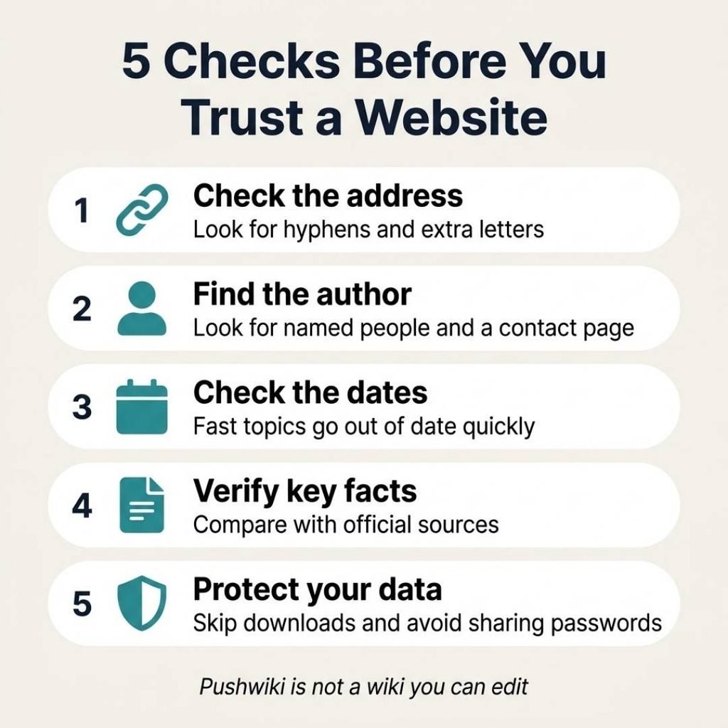 Pushwiki explained infographic with five checks to run before you trust a website, from the address to the author