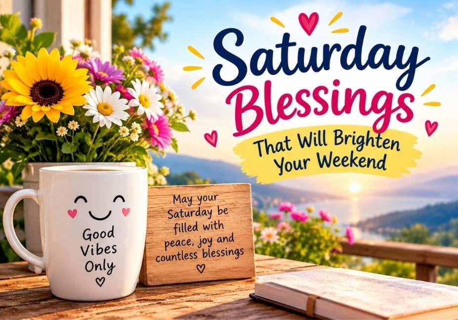Saturday Blessings That Will Brighten Your Weekend with colorful flowers, a cheerful mug, sunrise view and uplifting blessing message.