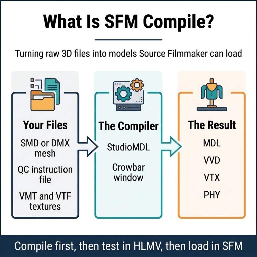 SFM compile infographic showing how SMD, QC and texture files become an MDL model through StudioMDL