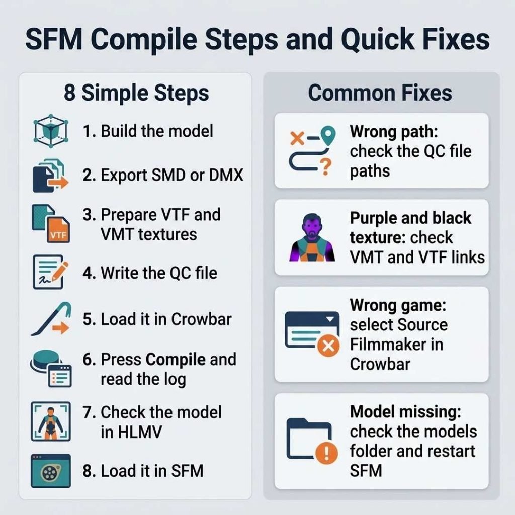 SFM compile steps infographic with eight compile steps and four quick fixes for common errors
