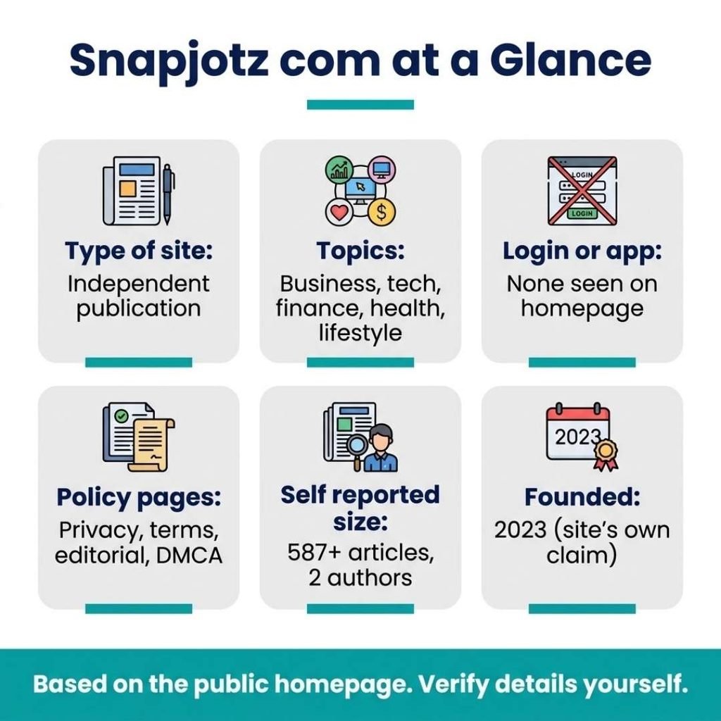 Snapjotz com at a glance infographic listing site type, topics, policy pages and self reported article count