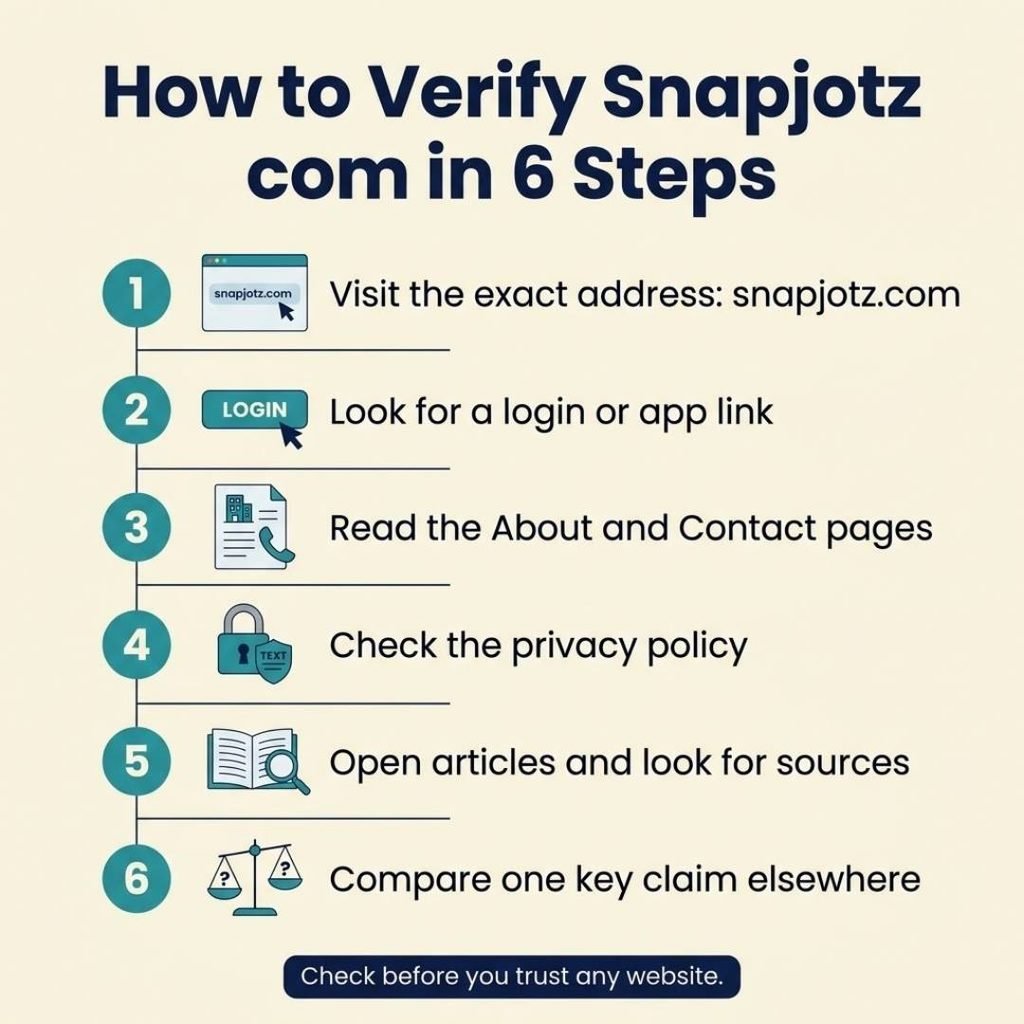 Snapjotz com verification checklist infographic with six steps to check a website before you trust it