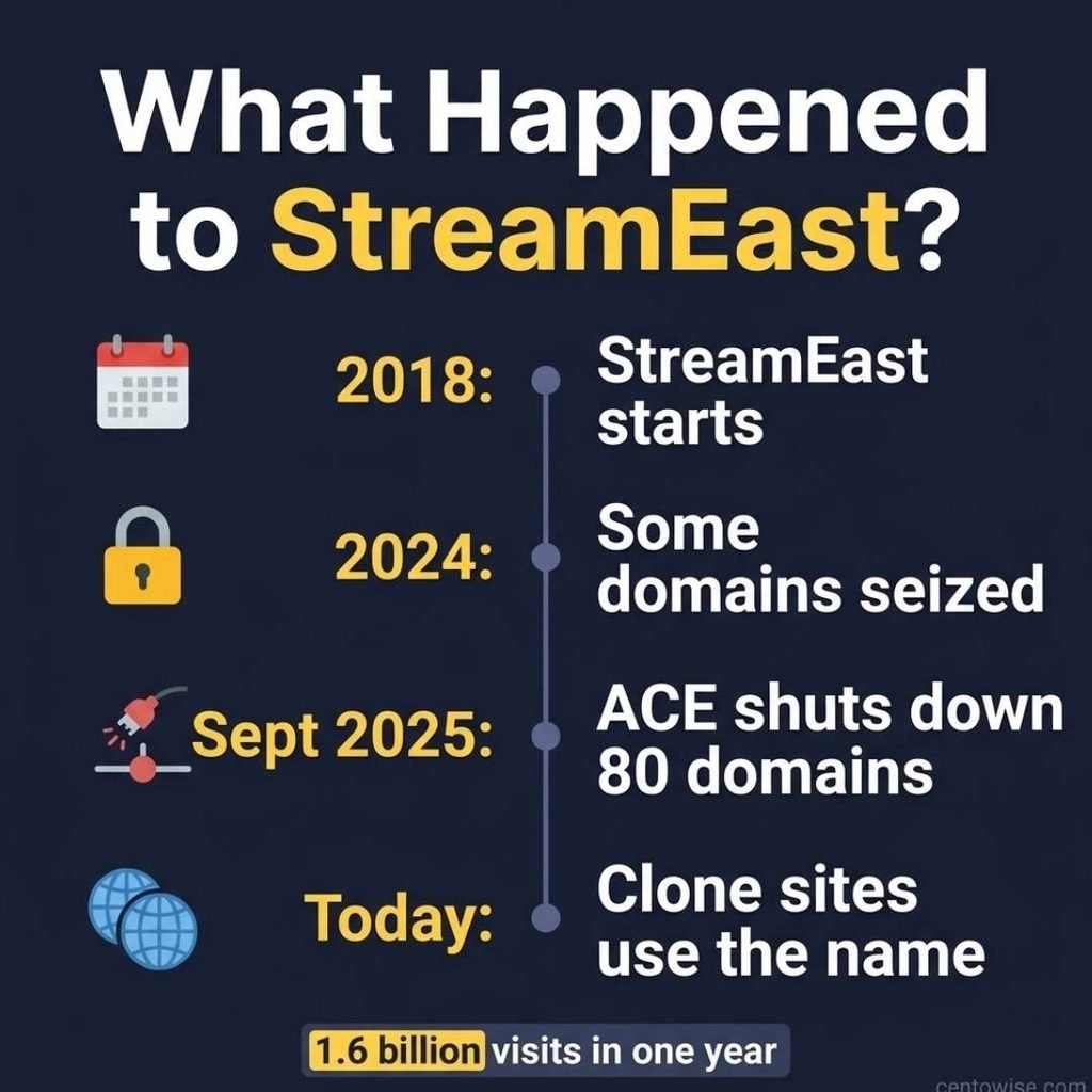Stream East review timeline showing the 2025 StreamEast shutdown and clone sites