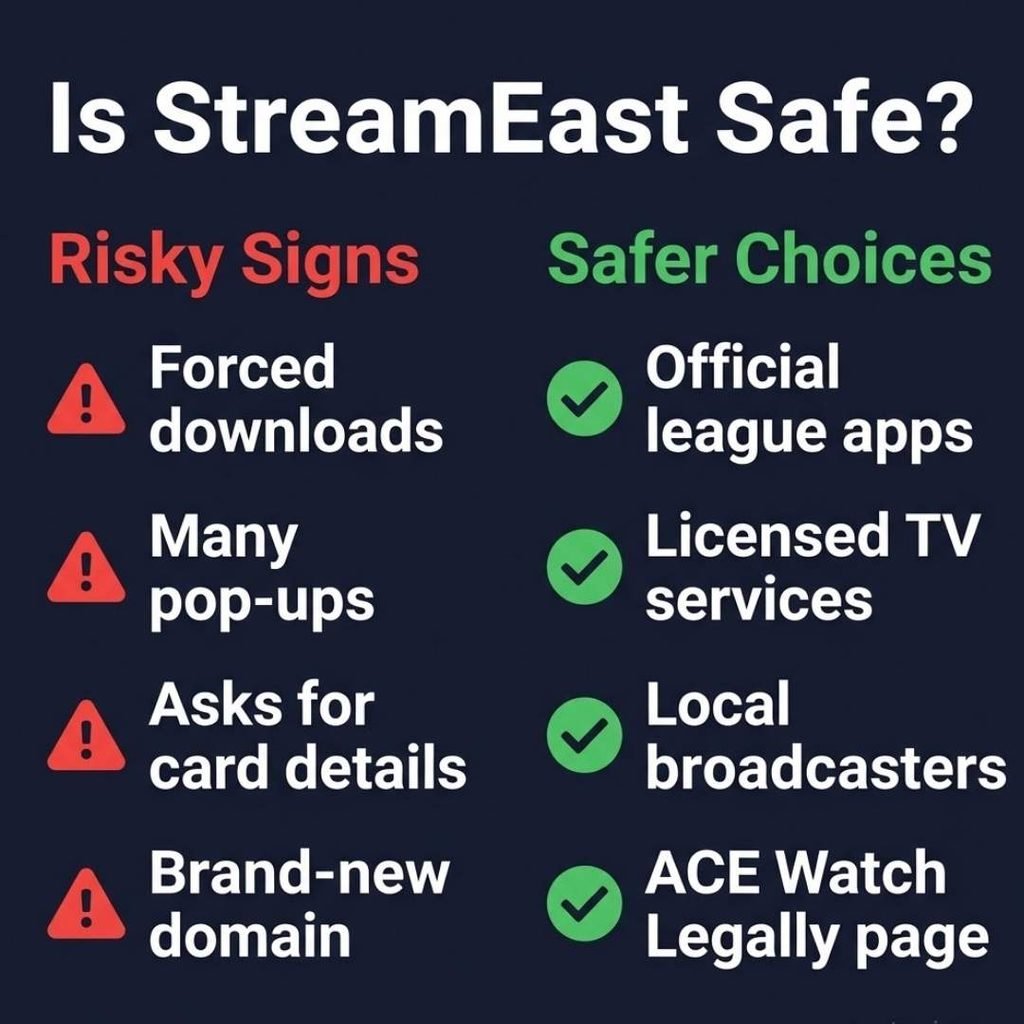 Stream East review infographic comparing risky streaming site signs with safer legal options