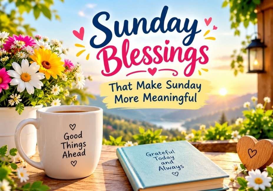 Sunday blessings that make Sunday more meaningful with colorful flowers, a cozy coffee mug, a gratitude journal and a beautiful sunrise.