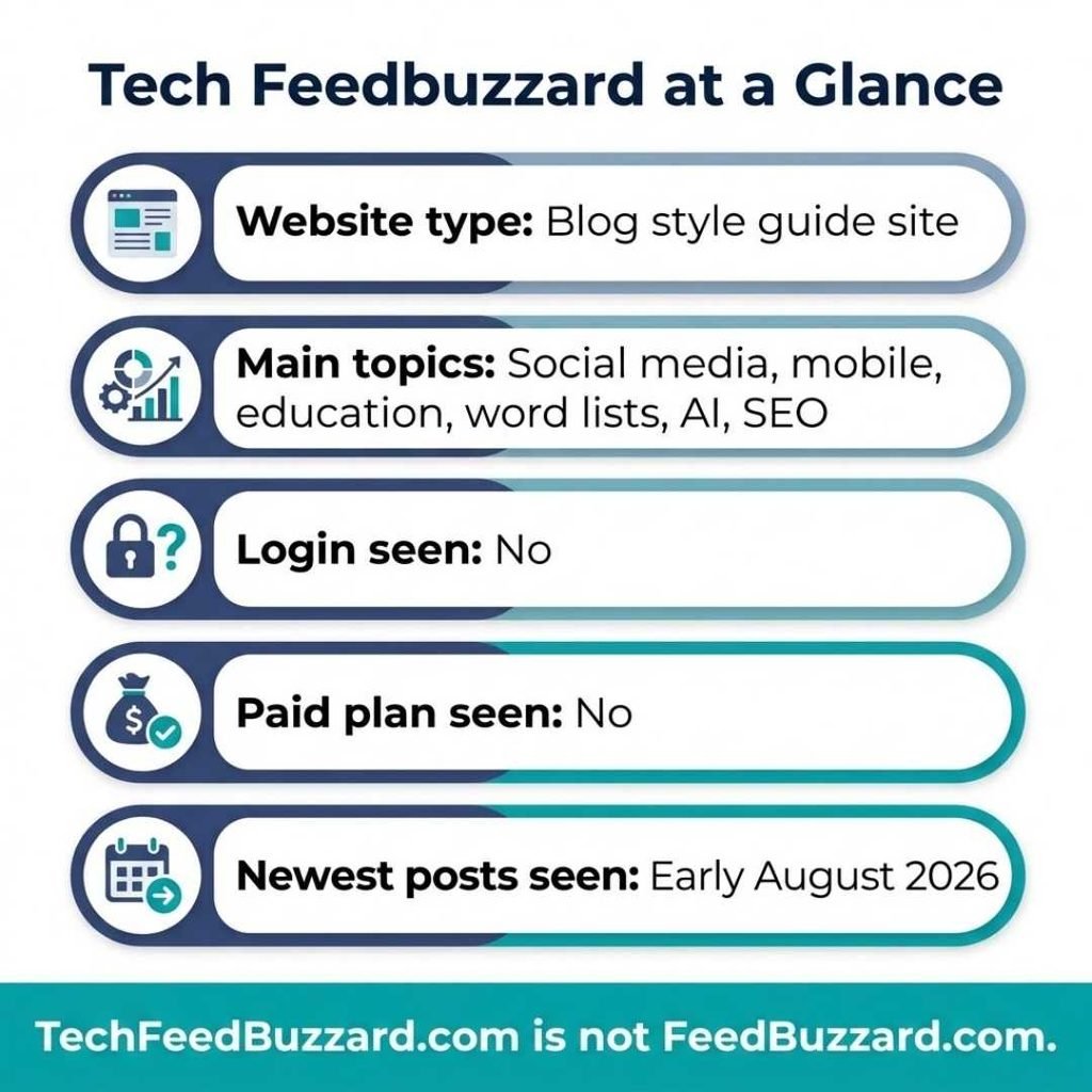 Tech feedbuzzard at a glance infographic showing site type, topics and login status