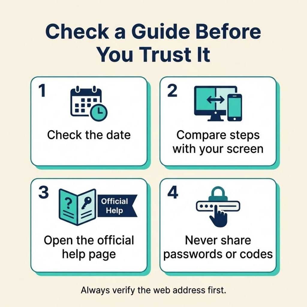 Checklist infographic for verifying tech feedbuzzard guides before you act on them
