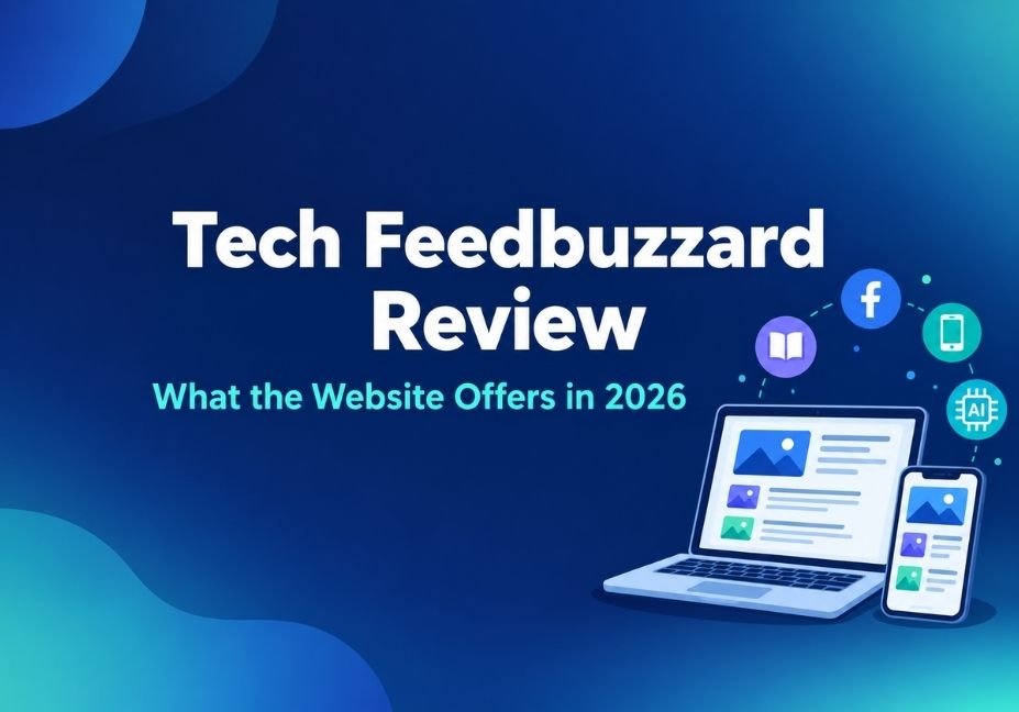 Tech feedbuzzard review featured image with a laptop and phone showing blog guides