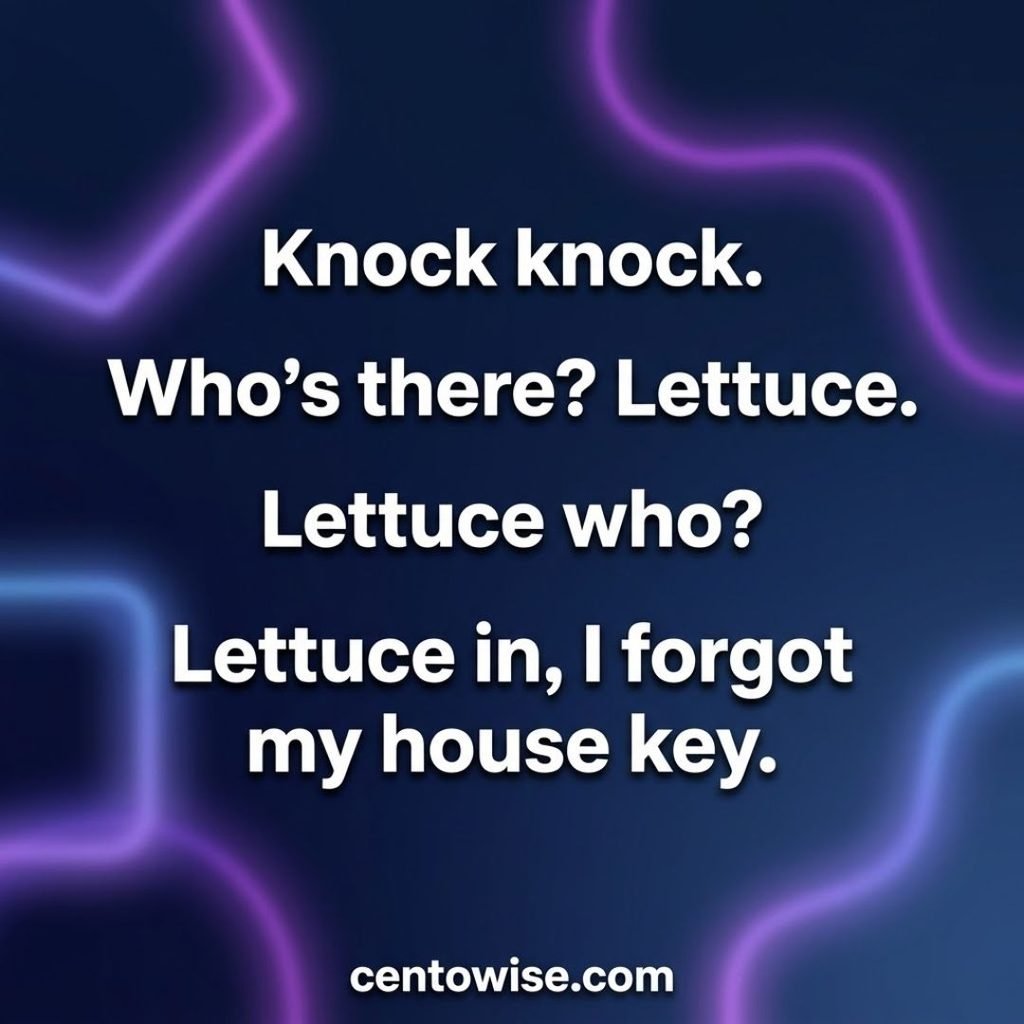 Teenager knock knock jokes image with the lettuce joke in bold white text on a glowing neon purple and blue background, centowise.com at the bottom