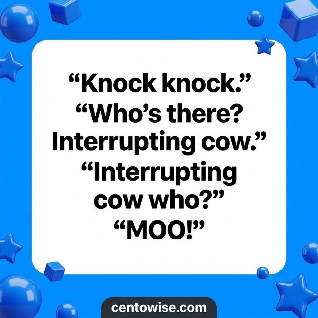 Funny teenager knock knock joke with the interrupting cow punchline on a white panel over a blue background with glossy 3D shapes