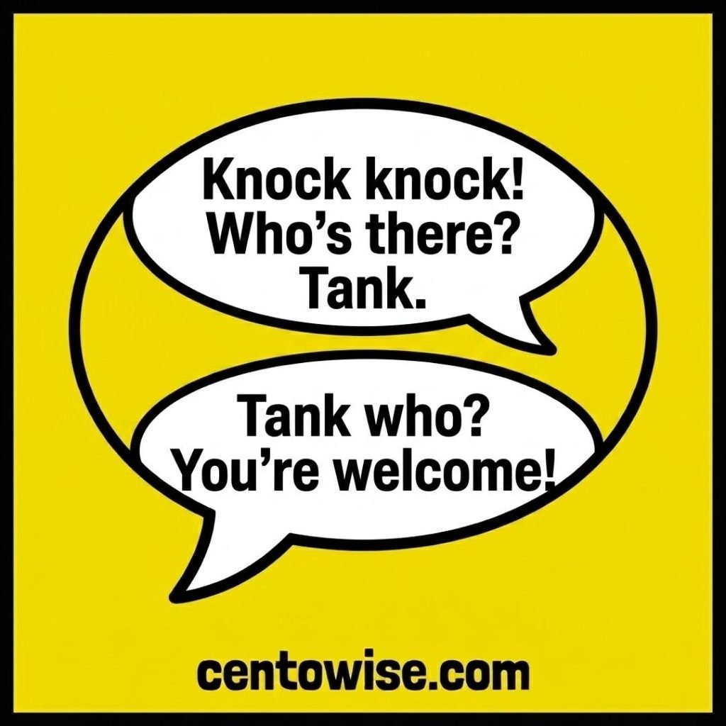 Teenager knock knock joke with a tank punchline in two speech bubbles on a flat yellow background