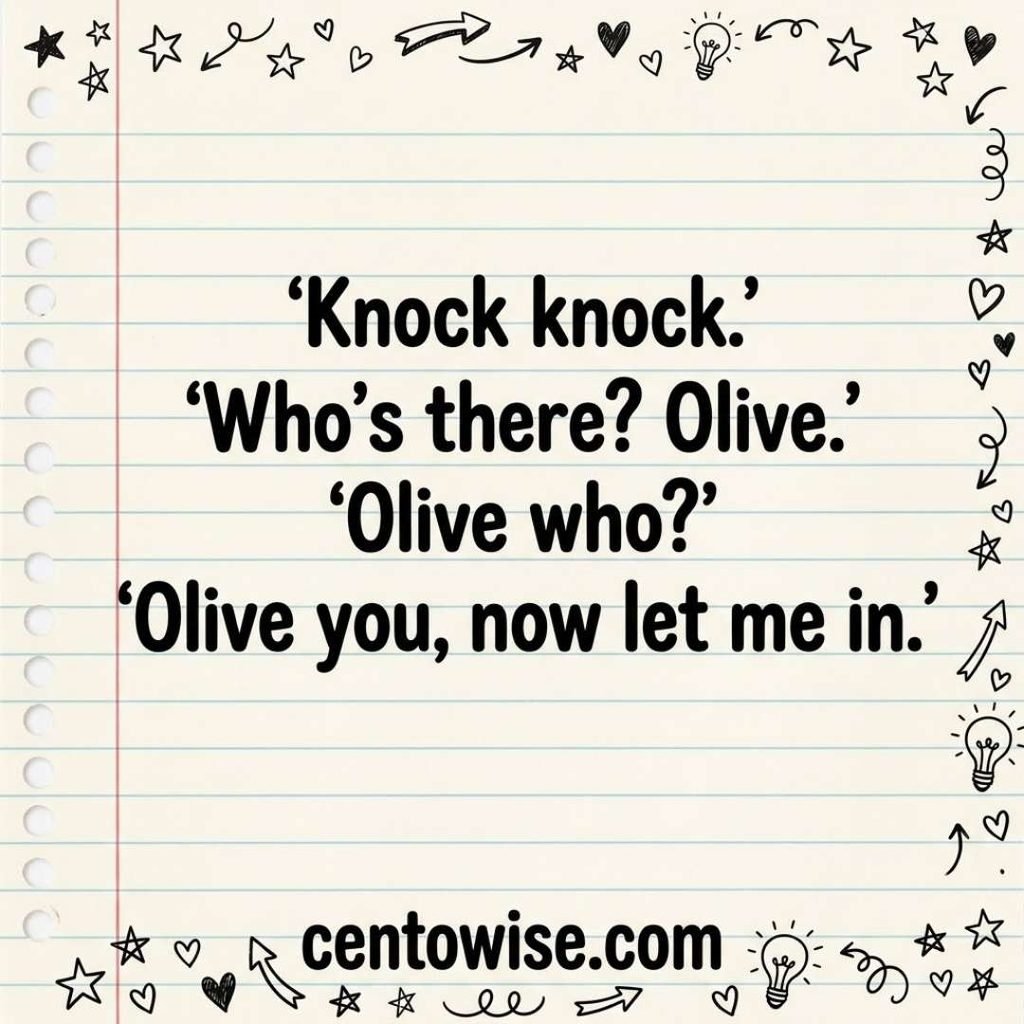 Teenager knock knock jokes graphic with the olive joke in black marker text on a school notebook page with doodles