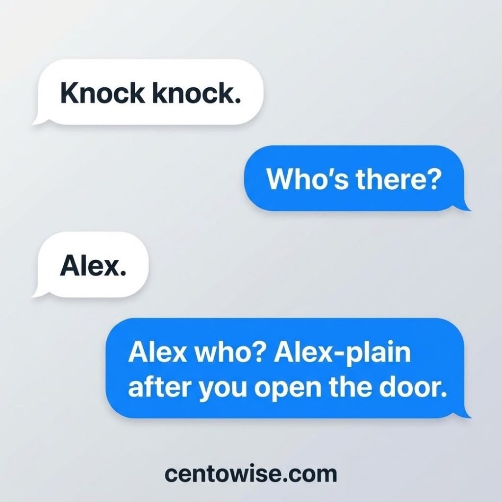 Teenager knock knock jokes shown as phone chat bubbles with the Alex joke in blue and white message bubbles