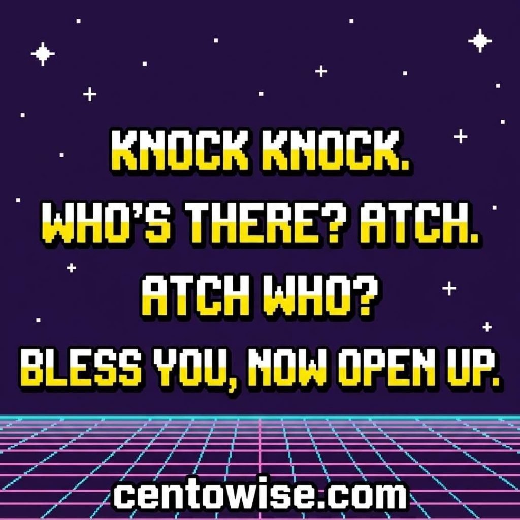 Retro arcade style teenager knock knock joke with the atch sneeze punchline in pixel text on a purple background